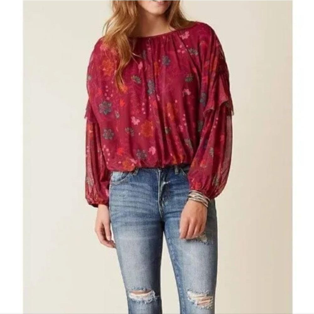 Free People Womens M Wild Flower Honey Mesh Top Berry Oversized Boho Romantic - Picture 11 of 11